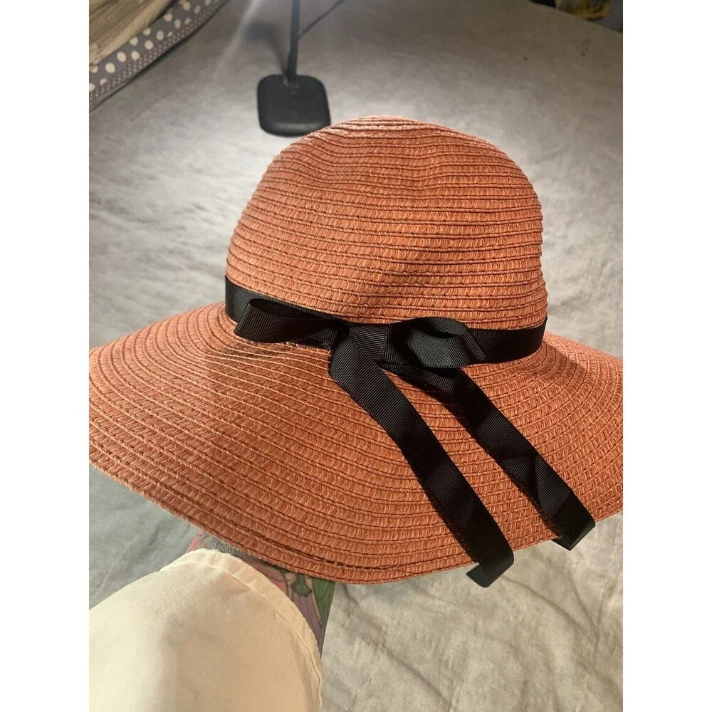 Broner Pink Hat With Wide Brim,Black Ribbon ~One-Size Fits Most 100% Paper